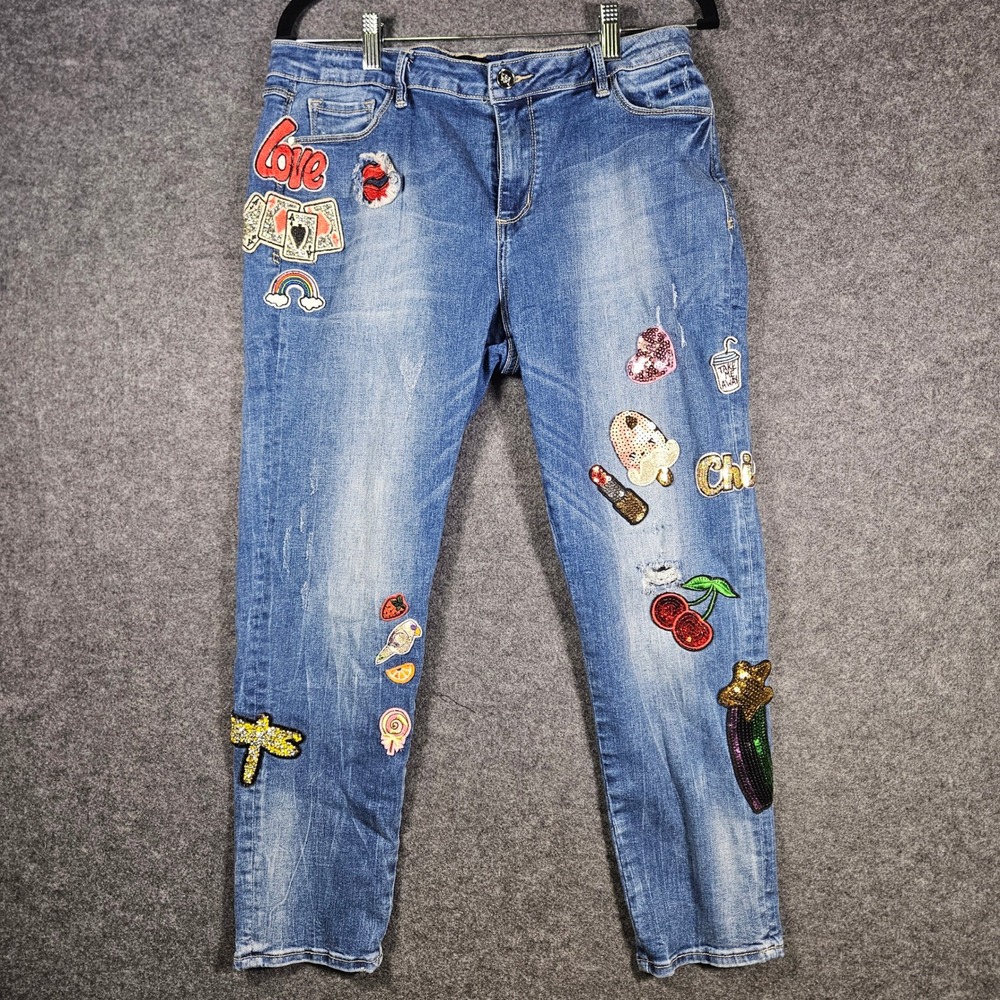 Bebe Womens Patchwork Sequin Distressed Skinny Jeans Kidcore Maximalist Sz 32